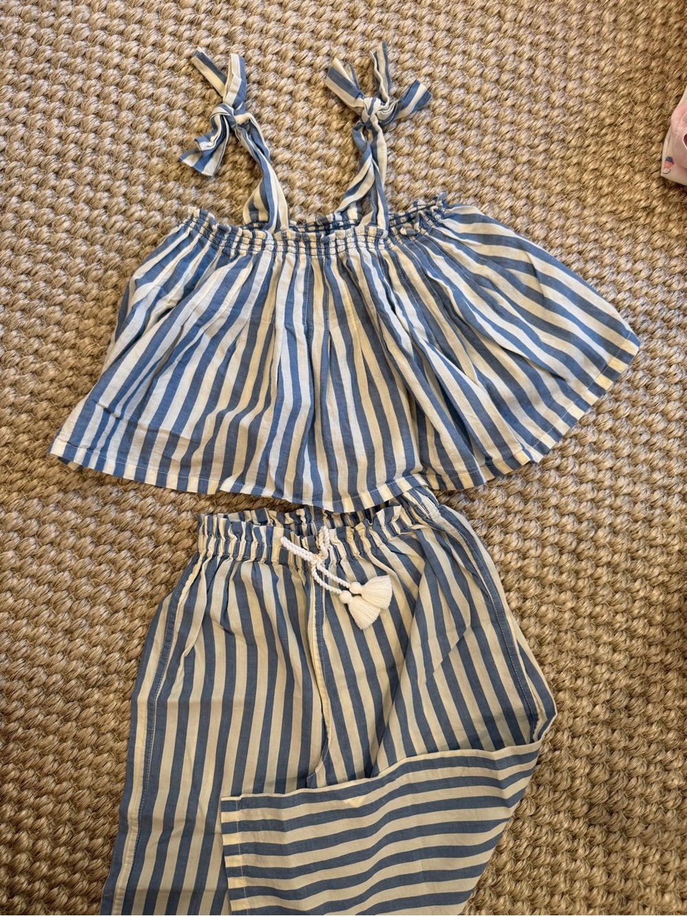 Striped Blue & White Girls Set - Tie-Shoulder Top & Drawstring Pants